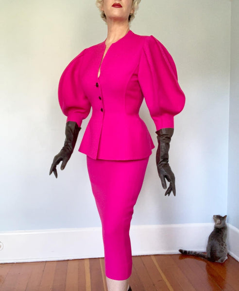1980s Shocking Pink Wool Hourglass Cocktail Suit with Balloon Sleeves