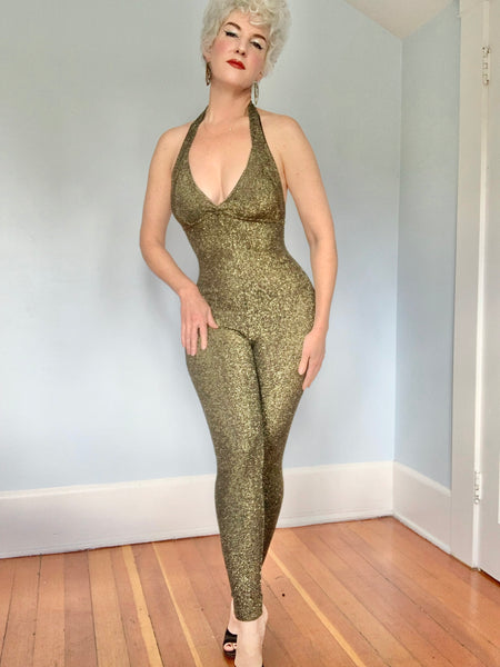 1990s “Betsey Johnson New York” Metallic Gold Lurex Knit Halter Catsuit