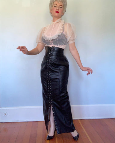 Fetish Chic 1980s High Waisted Leather Maxi Length Tapered Pencil Skirt with Lace Up Front & Back