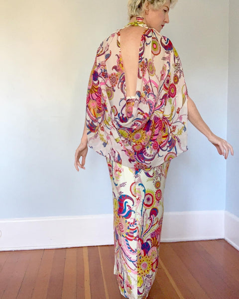 1960s One of a Kind Handmade Psychedelic Floral Silk Evening Gown with Plunging Draped Bodice