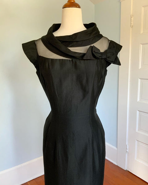 1950s Sculptural Illusion Bust Polished Cotton Hourglass Cocktail Dress by "Charles Warren Original"