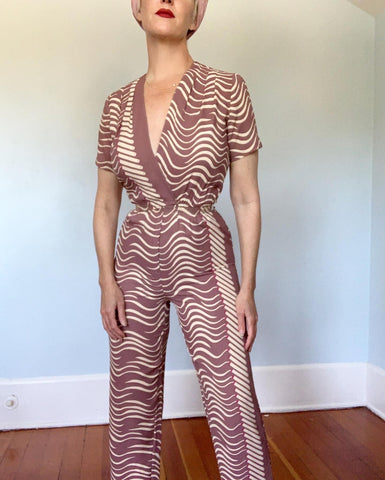 1970s does 1940s Rayon Crepe Smoking Cigarettes Novelty Print Jumpsuit