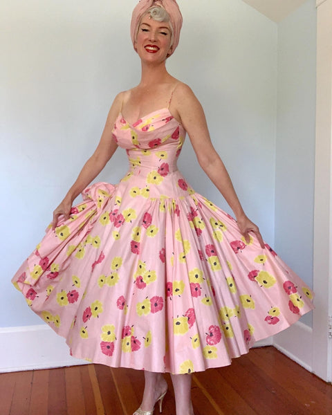 New Look 1950s "Cocktail Glamour by Beaumelle California" Structured Cotton Chintz Floral Sundress / Party Dress