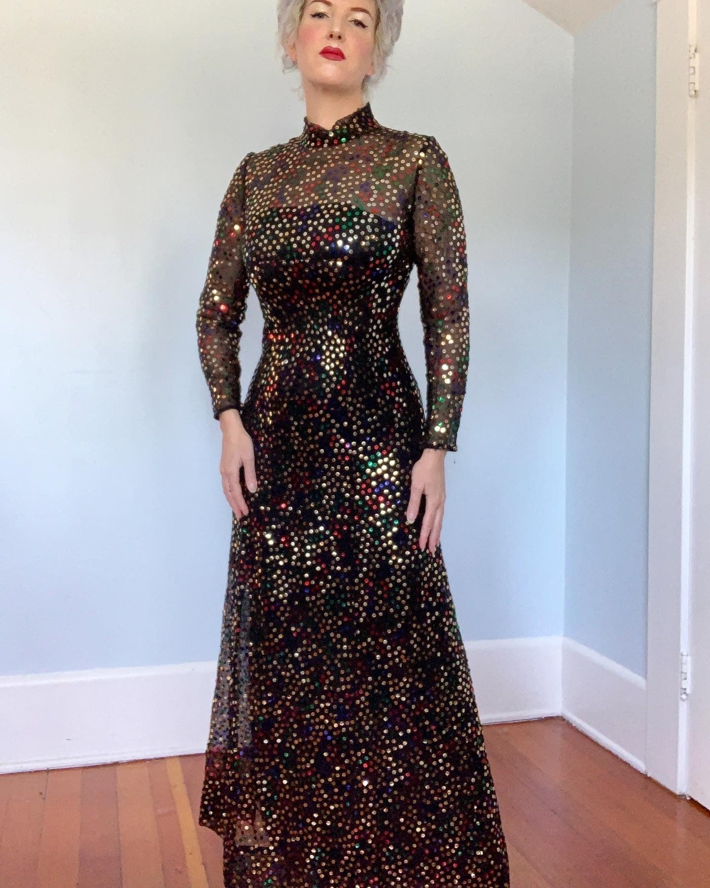 1960s "Saks Fifth Avenue" Multicolored Sequin Silk Chiffon Illusion Go butchwaxvintage 1960s "Saks Fifth Avenue" Multicolored Sequin Silk Chiffon Illusion Go butchwaxvintage
