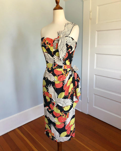 Custom Made 1940s Style "Gladys Williams of Honolulu" Replica 1940s Silk Fabric Crane Motif Hawaiian Sarong Dress