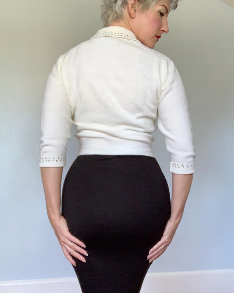 Sparkling 1950s "Schiaparelli" Cashmere Cropped n' Fitted Sweater w/ Crystal Rhinestones