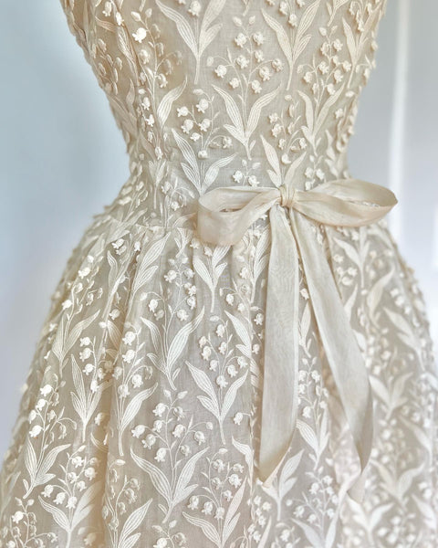 “Christian Dior Boutique Paris” 1950s Silk Organza Embroidered Lily of the Valley Party Dress