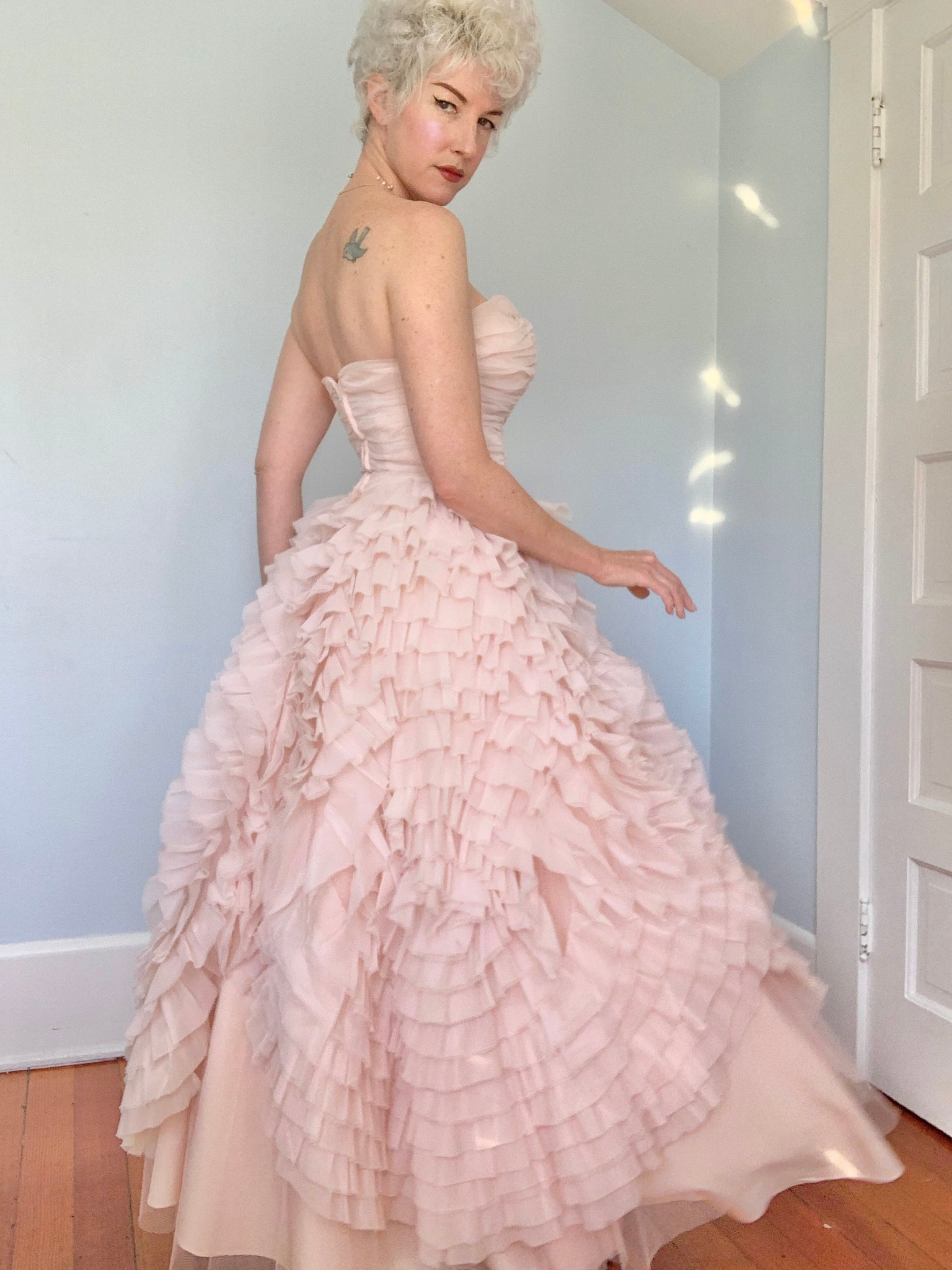 1950s pink chiffon dress 1950s Cupcake Pink Ruffle Tulle Prom Dress