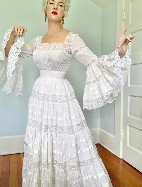 Gorgeous 1960s Pintuck Pleated Cotton Mexican Wedding Dress w/ Lace Detailing & Huge Angel Sleeves