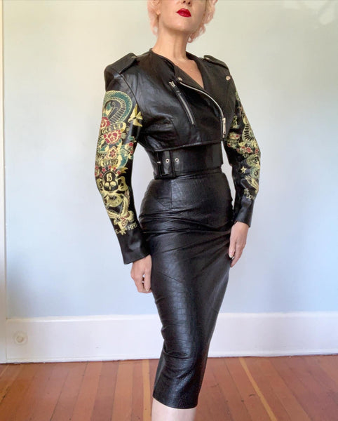 1980s "John Richmond Woman" Leather Jacket with Painted Tattoo Flash Art Sleeves