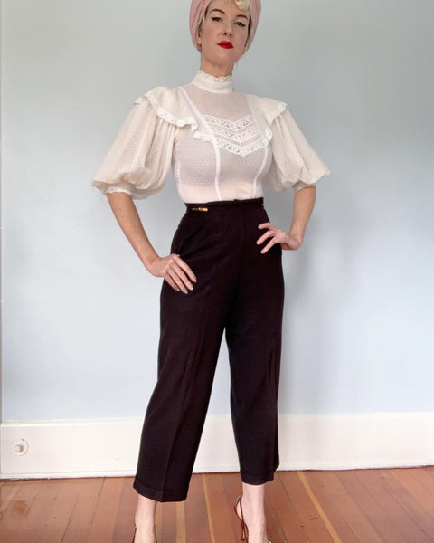 1970s Semi Sheer Cotton Swiss Dot Hourglass Victorian Inspired Blouse with Huge Balloon Sleeves