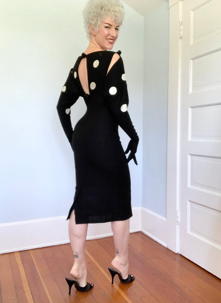 Custom Made 1950s Wool Jersey Hourglass Cocktail Dress w/ Attaching Shoulder Length Gloves by “Allie Mae”