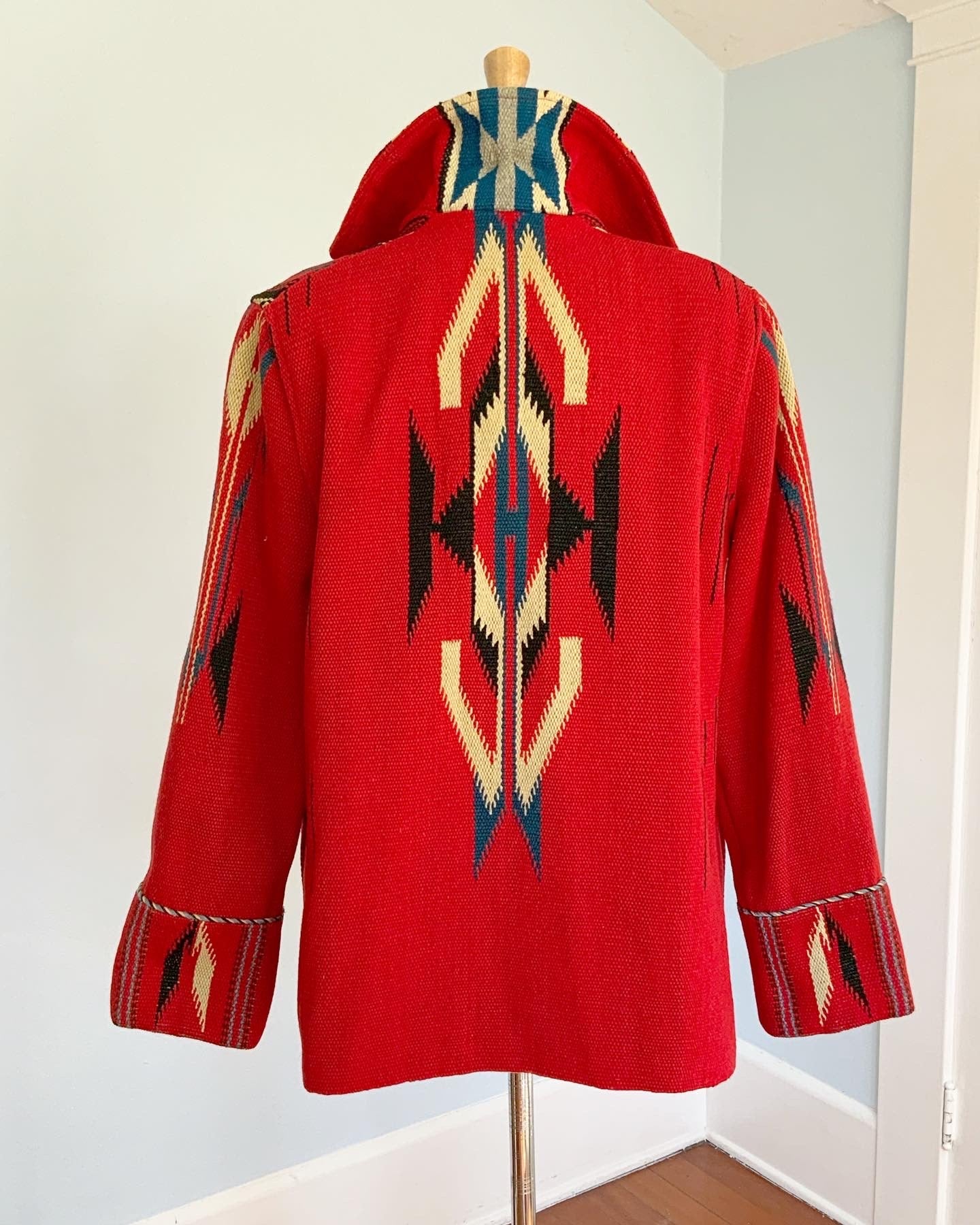 1940s Hand Woven Native American Chimayo Blanket Coat with Silver Concho Buttons by "Ganscraft"