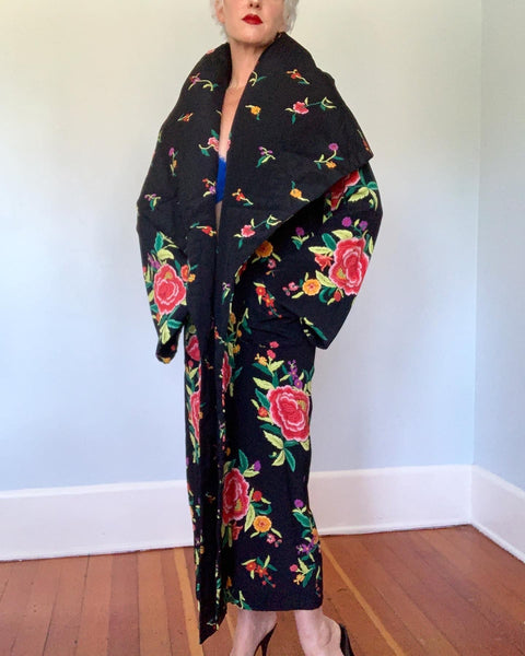 1980s "Norma Kamali" Reversible Silk Cocoon Duster Coat w/ Huge Collar