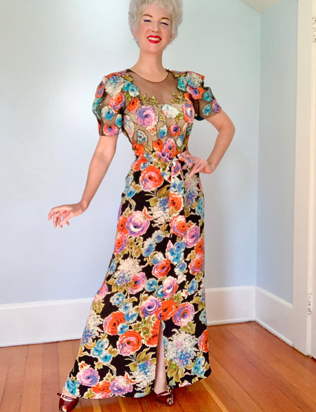 Rare Custom Made Late 1930s Silk Illusion Gown with Belt