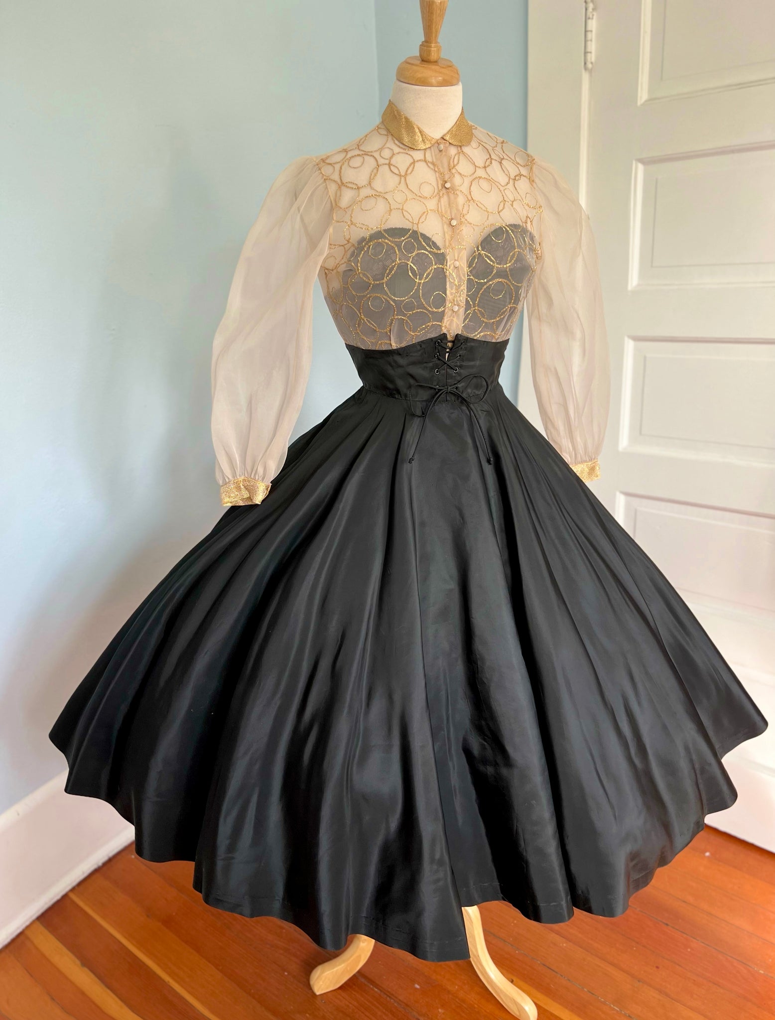 1950s “Frederick’s of Hollywood” Corset Waist Taffeta Circle Skirt