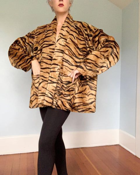1980s “Norma Kamali” Chenille Velvet Tiger Print Trapeze Coat