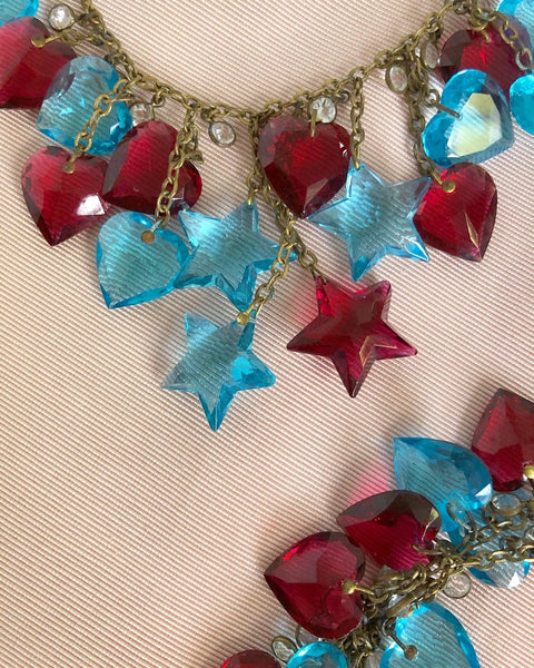1930s / 1940s Unsigned “Miriam Haskell” Cut Crystal Hearts & Stars Choker Necklace & Bracelet Set