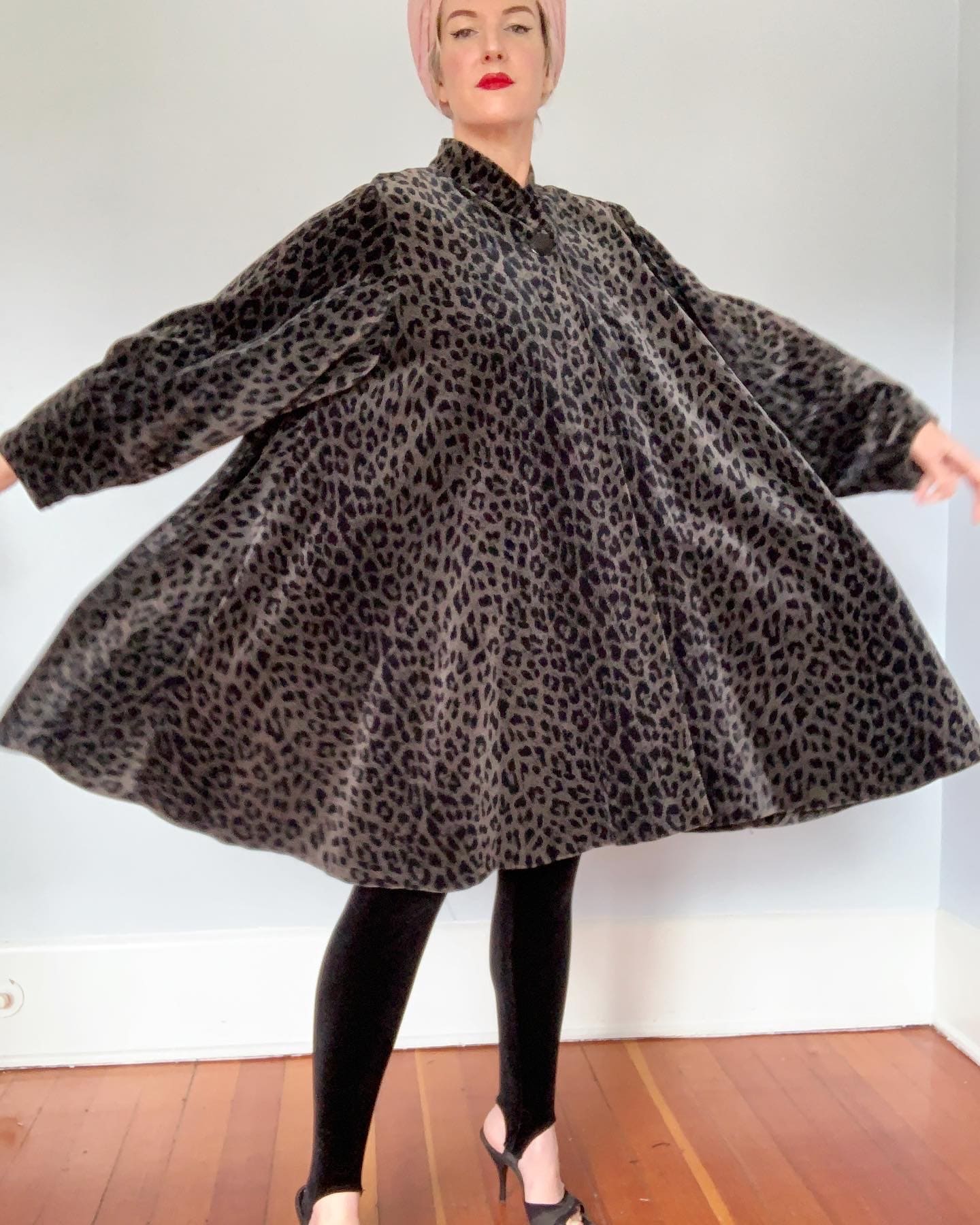 1980s Water Repellent Cotton Velvet Leopard Print Dramatic Trapeze Coat by "Coats by Cattiva" in "J.L. deBall Velvet"