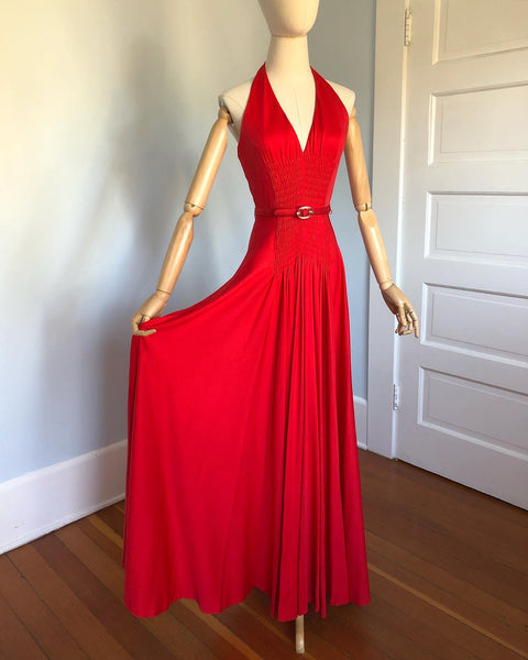 1970s Designer "Boutique Donald Brooks" Ruched Jersey Halter Gown with Belt