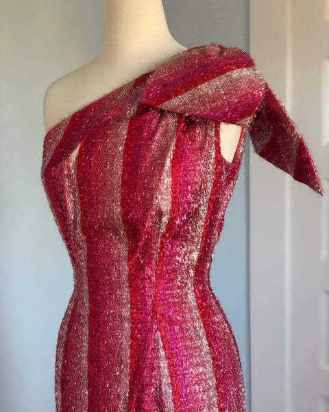 1960s Custom Made Metallic Tinsel Eyelash One Shoulder Hourglass Evening Gown & Shawl