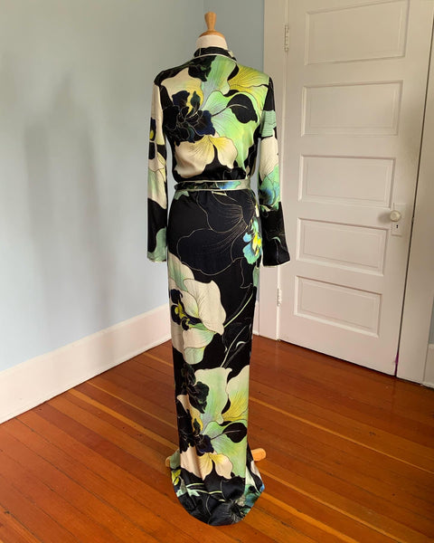 Designer "Leonard Paris" Draped Hourglass Painted Silk Floral Wrap Style Gown with Attached Belt