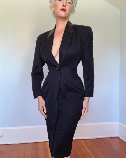 1980s Tailored Hourglass Wool Tuxedo Dress w/ Leather Collar Detailing