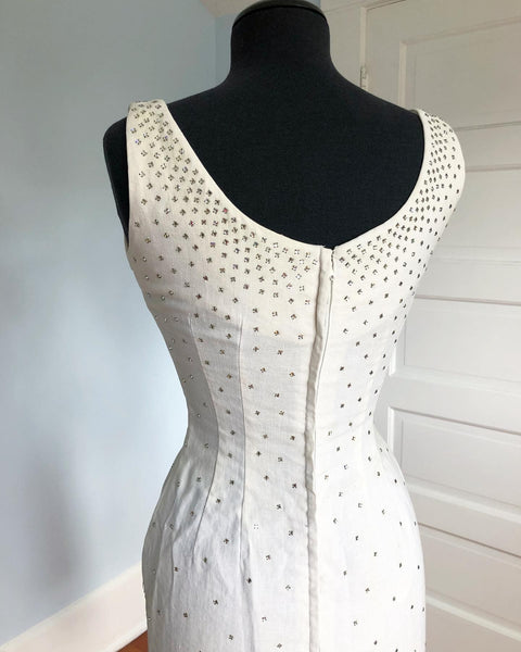 1950s White Linen Extreme Hourglass Wiggle Cocktail Dress Covered in Crystal Rhinestones by "Parnes Feinstein"