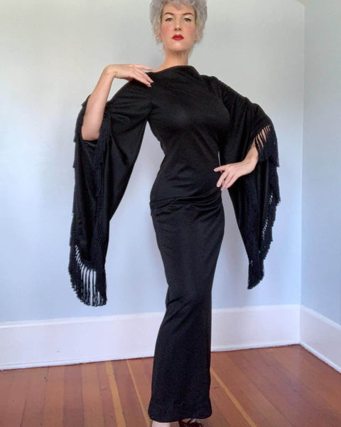 1960s "Lilli Diamond of California" Gown w/ Huge Tassel Fringe Trimmed Kimono Sleeves