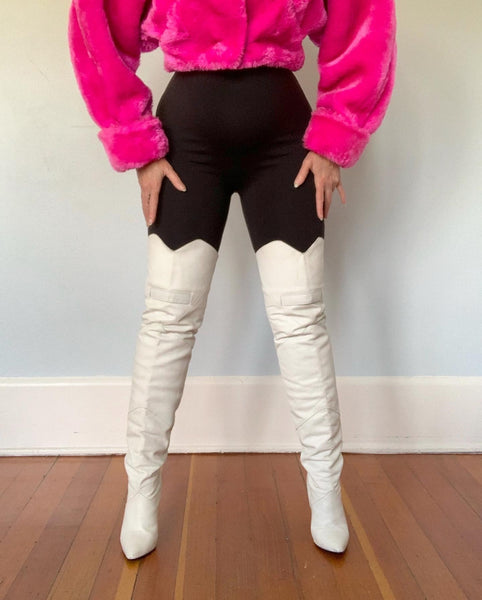 Deadstock 1980s White Leather Thigh-High Spike Stiletto Boots with Lace-Up & Buckle Back