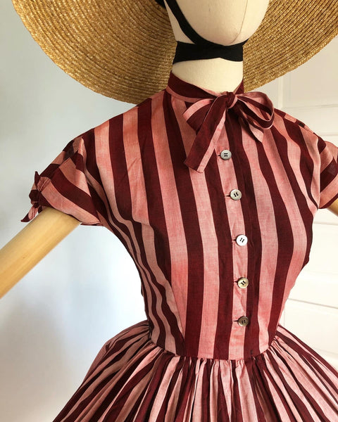 1950s "Anne Fogarty" Striped Woven Polished Cotton Day Dress with Pussy Bow Neckline & Tie Sleeves
