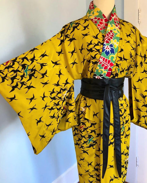 Antique Handmade Chartreuse Silk Japanese Nagajuban with Flying Cranes