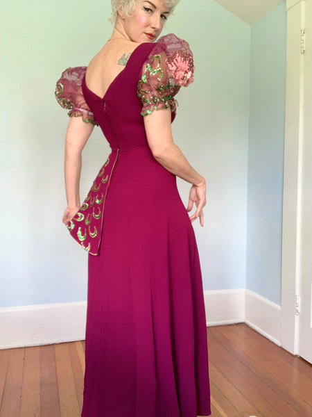 Custom Made 1940s Rayon Crepe Gown w/ Huge Mesh Sleeves & Hand Sequined Details Throughout