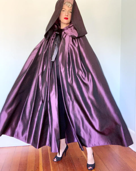 Custom Made 1970s Iridescent Amethyst Silk Taffeta Dramatic Cape with Huge Hood