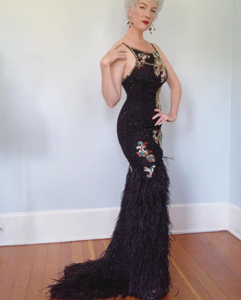 Dazzling Beaded Bejeweled Dragon Evening Gown w/ Ostrich Feather Hem