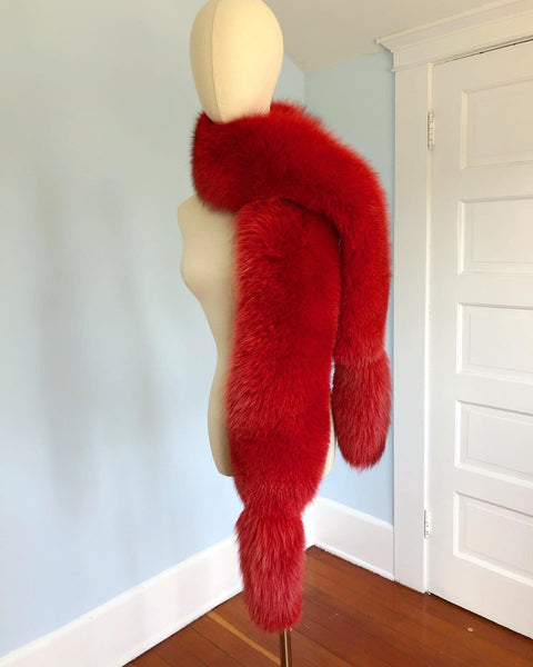 Glamorous 1970s Dyed Crimson Red Extra Long Fox Fur Stole w/ Tails