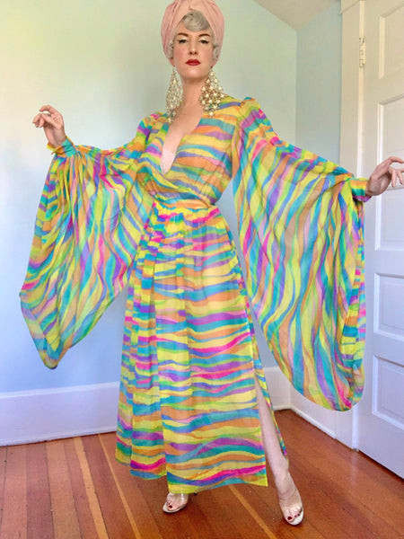 Custom Made 1960s Sheer Psychedelic Chiffon Gown w/ Huge Lantern Sleeves