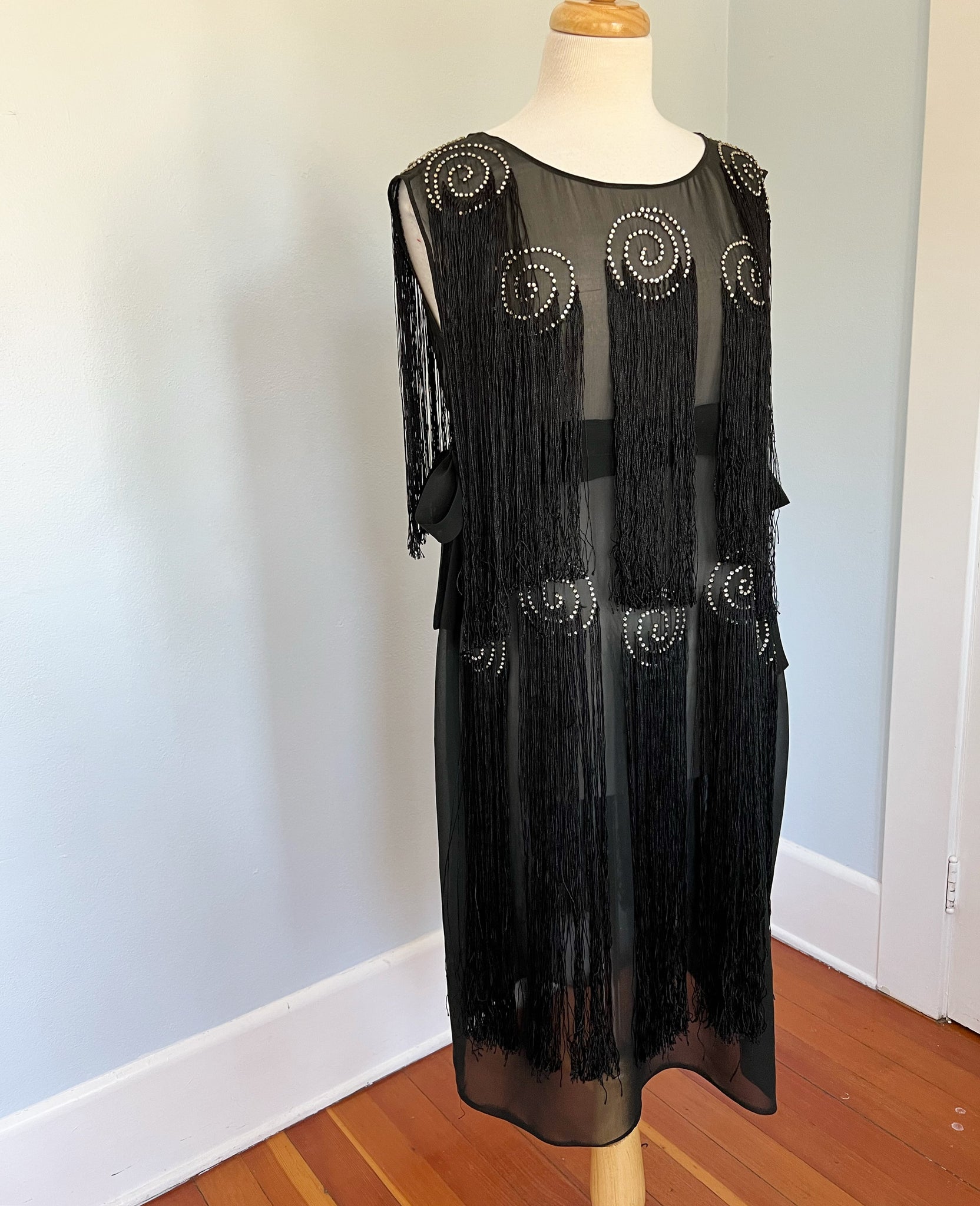 Rare 1920s Silk Chiffon Flapper Dancing Dress w/ Crystal Rhinestones & Hand Knotted Fringe