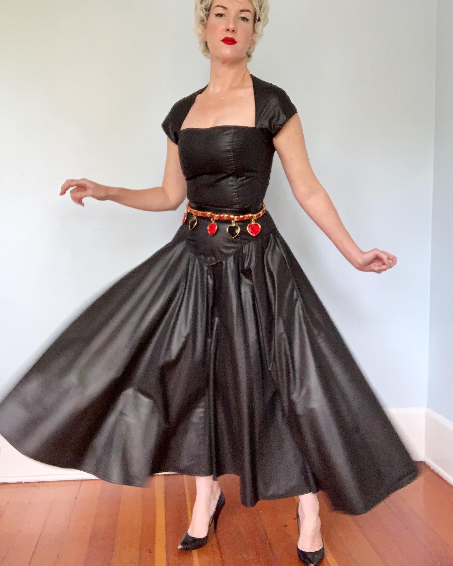 1980s “Betsey Johnson” Punk Label Wet / Leather Look Polished Cotton Full Circle Skirt Maxi Dress