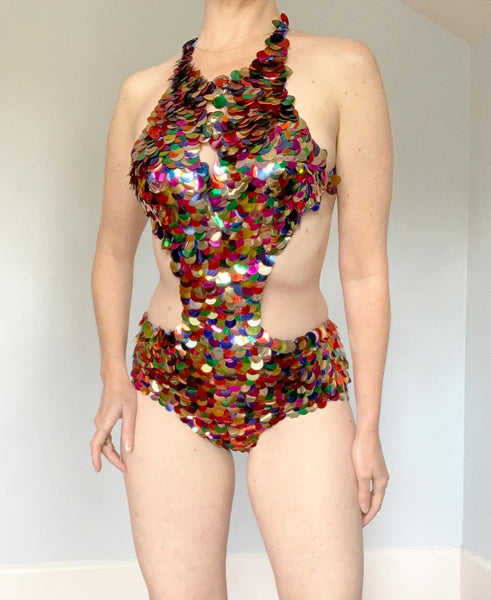 Wild 1960s Rainbow Metallic Paillettes Monokini Swimsuit by "Sears"