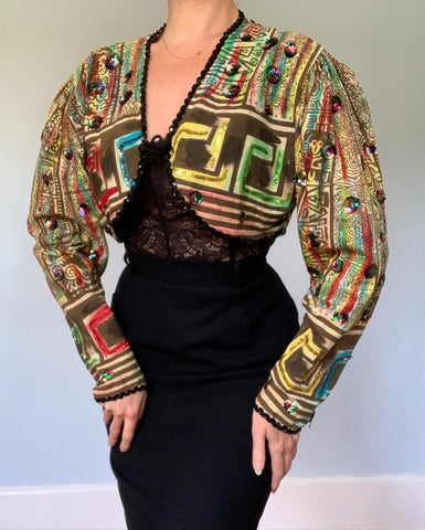 Unusual 1950s Handmade Mexican Cotton Hand Painted / Sequined Bolero Jacket