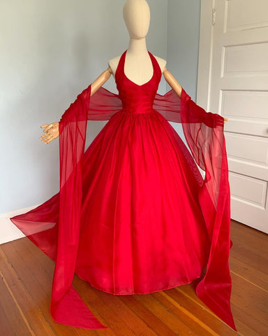 Couture 1970s Lipstick Red Silk Gazar Evening Gown with Huge Skirt and Matching Long Shawl