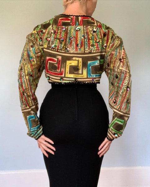 Unusual 1950s Handmade Mexican Cotton Hand Painted / Sequined Bolero Jacket