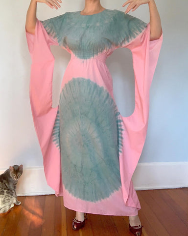 Custom Made 1960s Hand Tie-Dyed Cotton Maxi Caftan Dress with Huge Connected Angel Sleeves