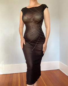 Y2K Sheer Mesh Body-Con Hourglass Cocktail Dress with Painted Silver Glitter Spiderweb
