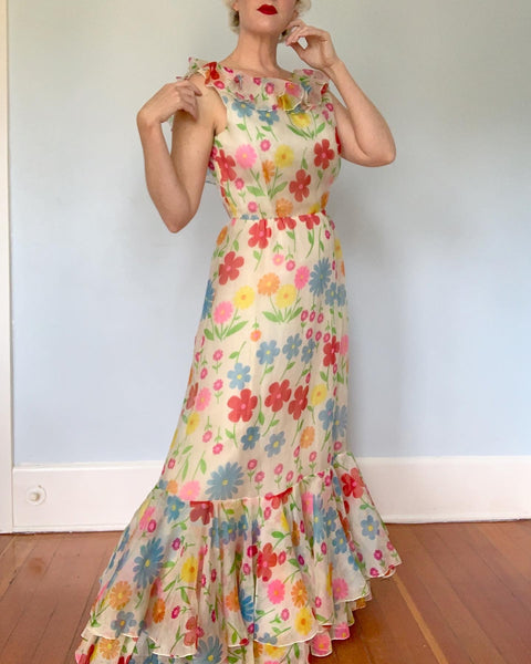 1960s / 1970s “Bob Mackie / Ray Aghayan” for “Elizabeth Arden New York” Silk Organza Floral Maxi Gown