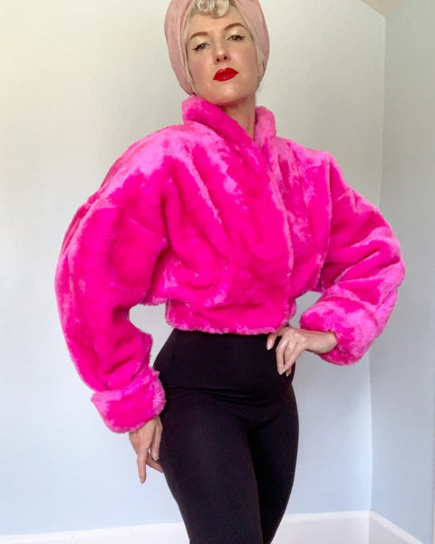 1990s Hottest Neon Pink Faux Fur Cropped Bolero by "Contempo Casuals"