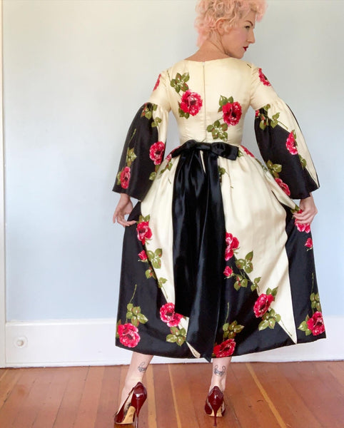 1960s "Saks Fifth Avenue" Custom Silk Party Dress with Bell Sleeves