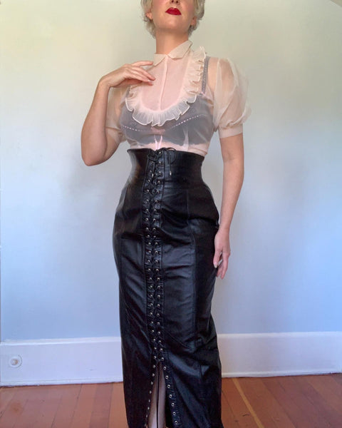 Fetish Chic 1980s High Waisted Leather Maxi Length Tapered Pencil Skirt with Lace Up Front & Back