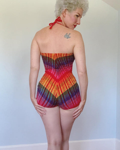 1950s "Jantzen International Set" Rainbow Cotton Ruched Swimsuit w/ Convertible Straps